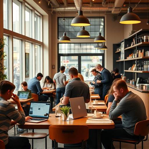 A busy cafe interior with people working, talking, and enjoying coffee