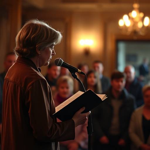 A person reciting poetry at a microphone with an audience listening intently