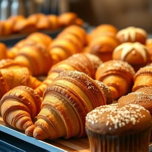 A tempting display of freshly baked pastries, including croissants and muffins