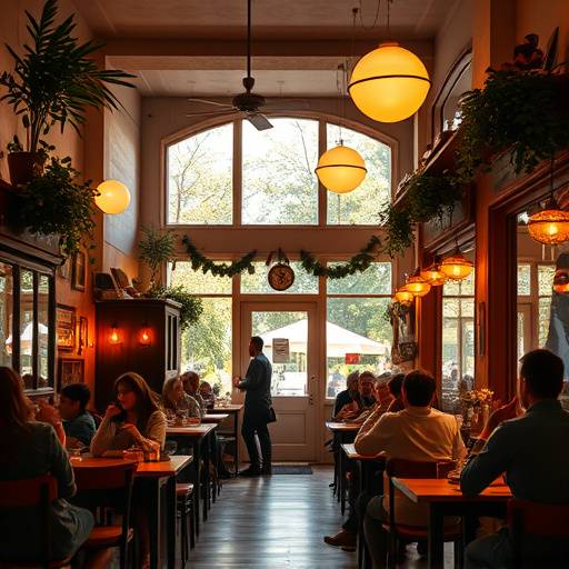 Cozy cafe interior with people enjoying coffee