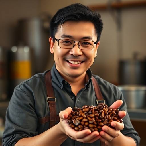 David Chen, co-founder and master roaster of The Daily Grind Cafe, holding a bag of freshly roasted coffee beans