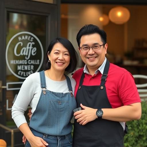 Eleanor Vance and David Chen, the founders of The Daily Grind Cafe, smiling in front of the original cafe location