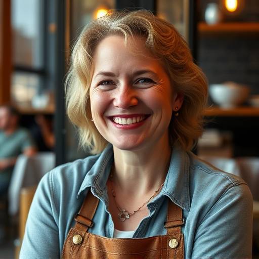 Eleanor Vance, co-founder of The Daily Grind Cafe, smiling warmly