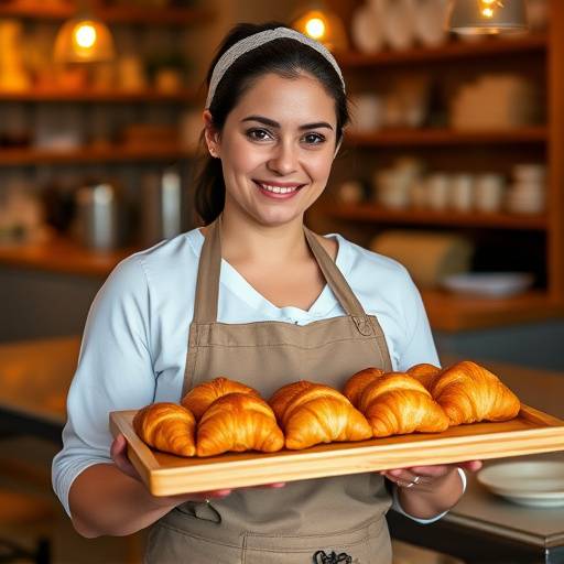 Maria Rodriguez, head baker at The Daily Grind Cafe, holding a tray of freshly baked croissants