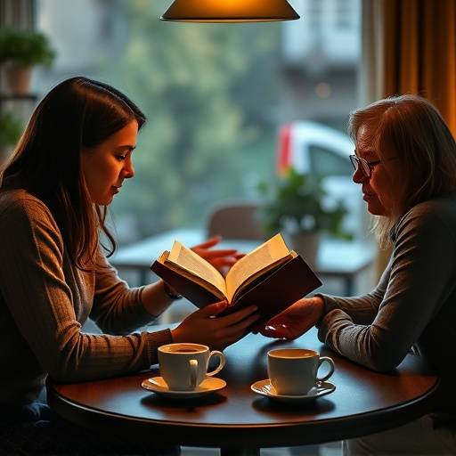 People sitting around a table discussing a book, with coffee cups and books visible