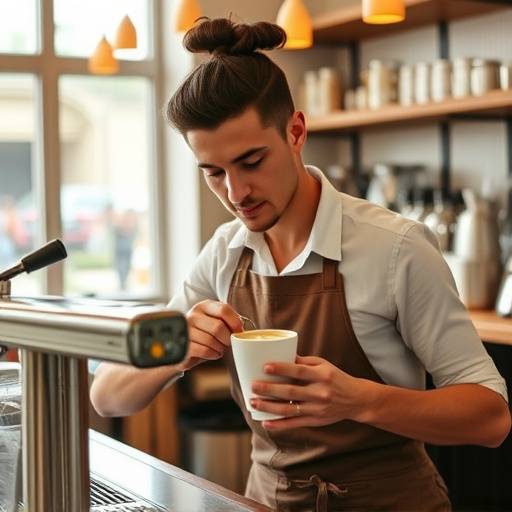 Tom Williams, lead barista at The Daily Grind Cafe, expertly crafting a latte