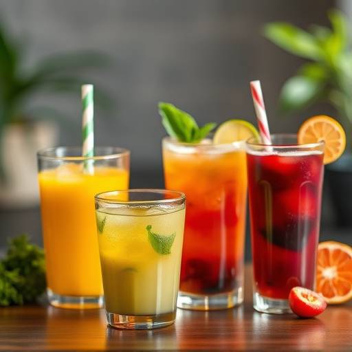 Variety of refreshing drinks including coffee, tea, and juice